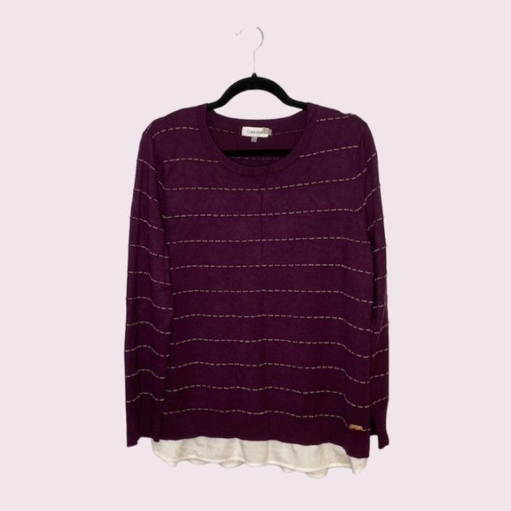 Calvin Klein Women Purple Crewneck Knit Layered Sweater Size Large